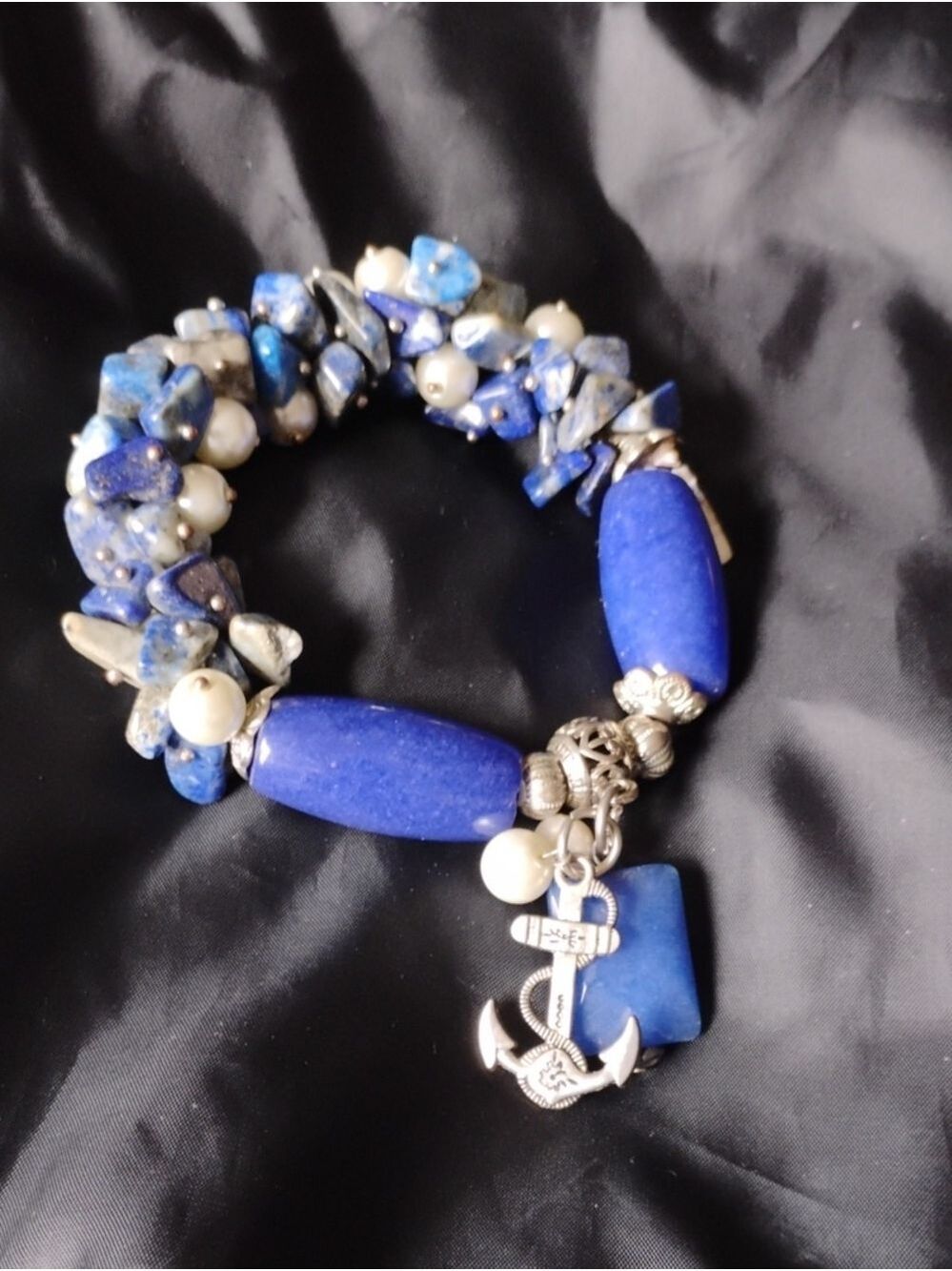 Blue Lapis & Pearl Beaded Stretch Bracelet with Anchor Charm